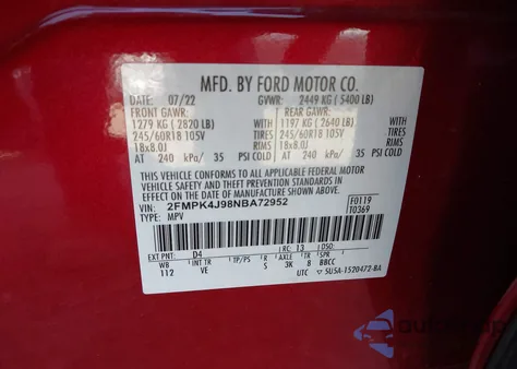 2022 Ford Edge Sel из США, поврежденный, VIN 2FMPK4J98NBA72952